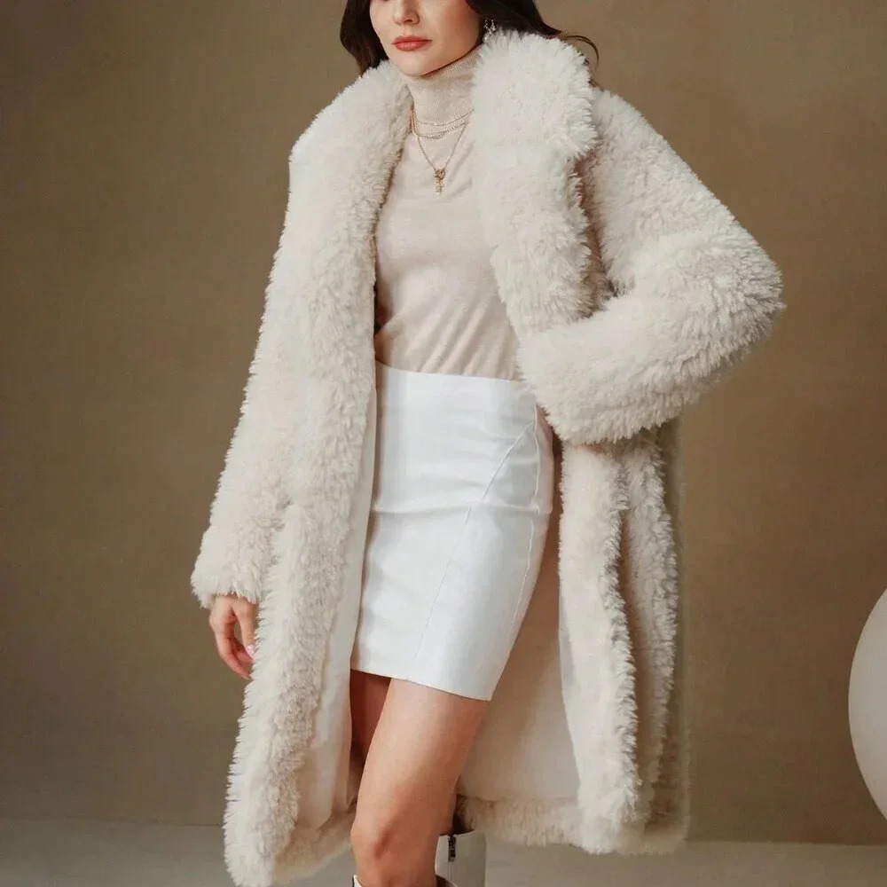 Beige Casual Women's Fluffy Faux Fur Long Classic Versatile Coat - Picture 5 of 5